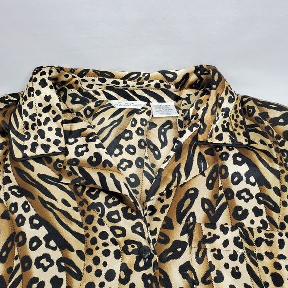 L SATIN LEOPARD Black Brown Long Sleeve button front lounge top blouse LARGE - Picture 11 of 14